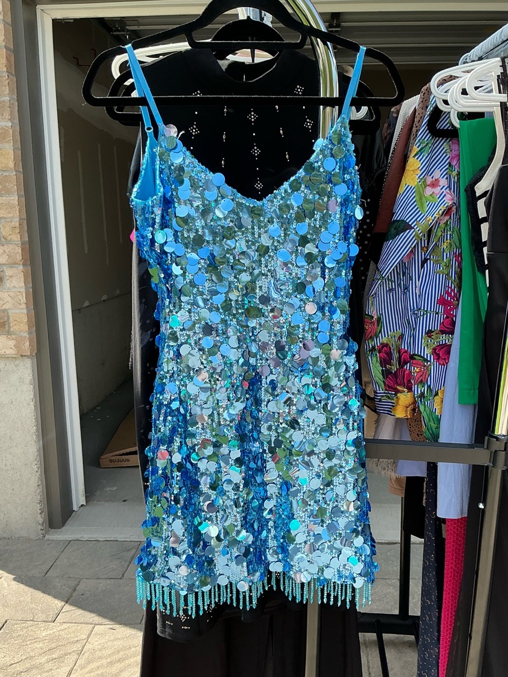 Blue Sequin Slip Dress with Fringe